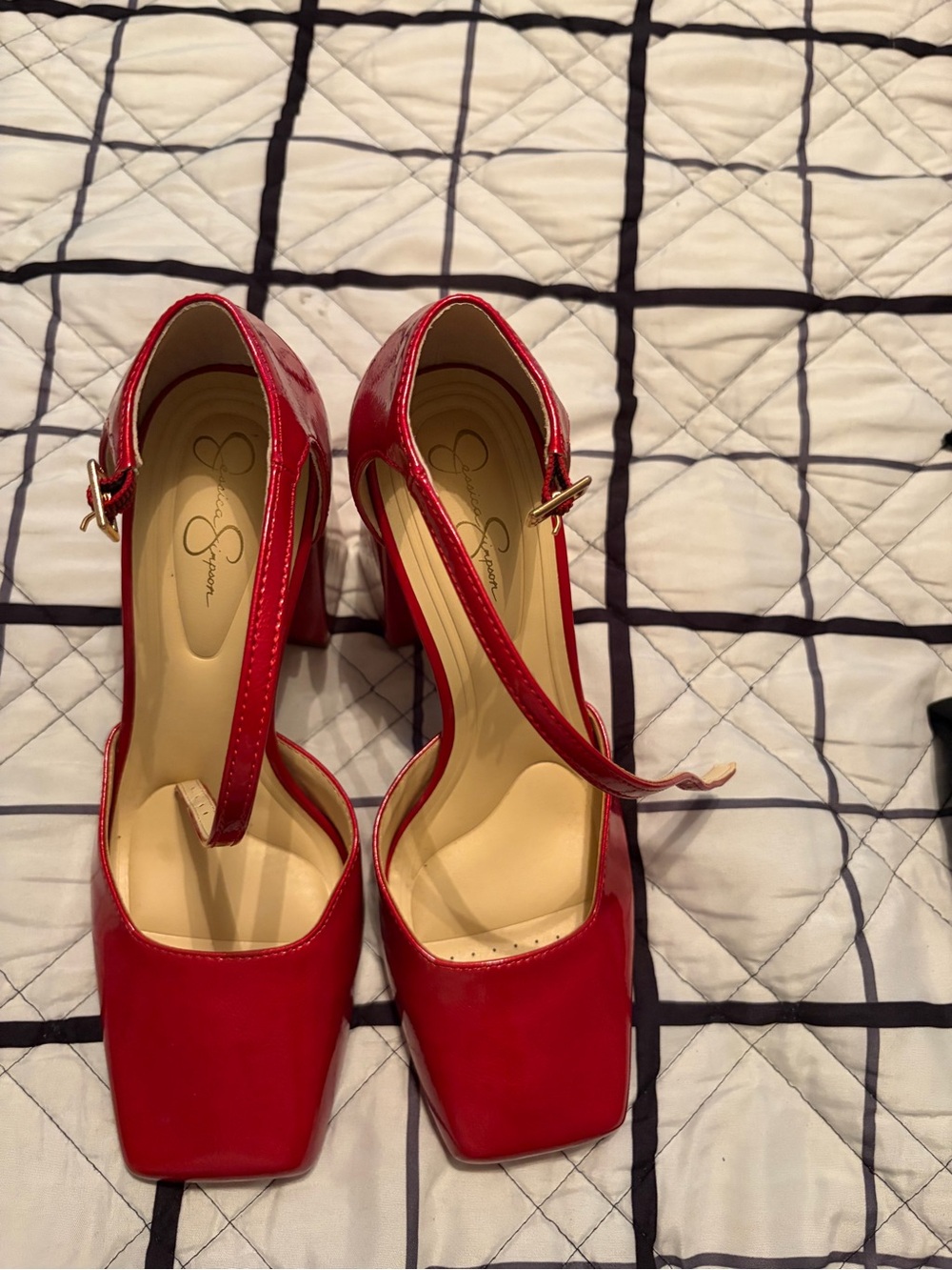 Jessica Simpson Red Patent Mary Jane Block Heel Pumps with Ankle Strap